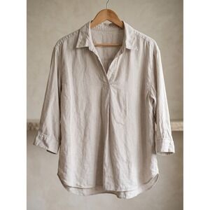 Uniqlo Linen T-Shirt XL Beige Collared 3/4 Sleeve Casual Solid Minimalist Top
